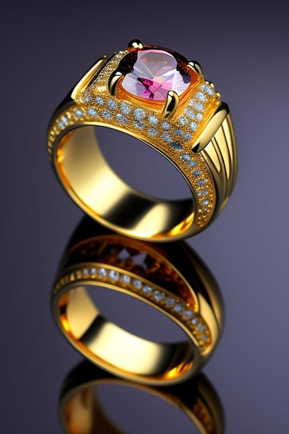 A gold ring with a pink stone and diamonds on it.