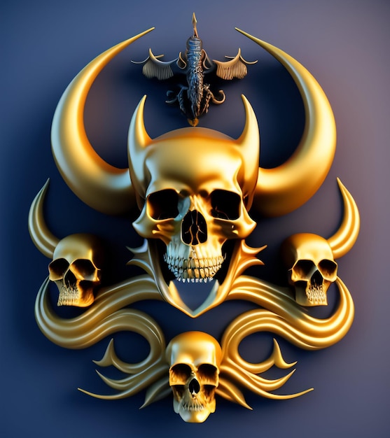 Free photo a gold skull with horns and horns is on a blue background.