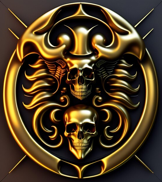 A gold skull with two skulls and a sword on the front.