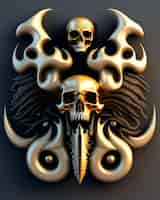 Free photo a gold skull with wings and a skull on it