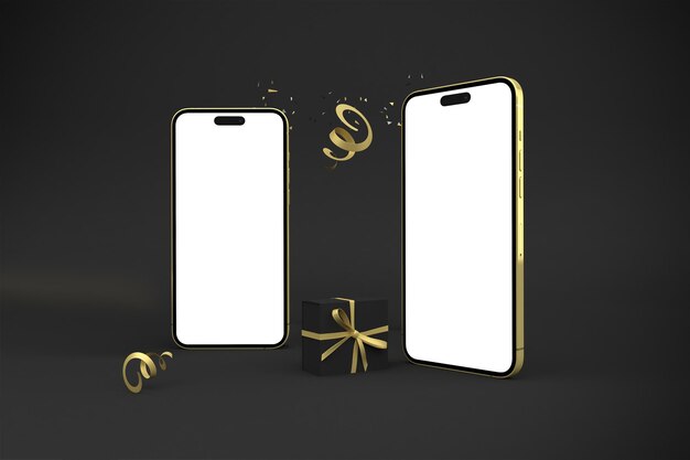 金色のスマートフォンとプレゼントと装飾品