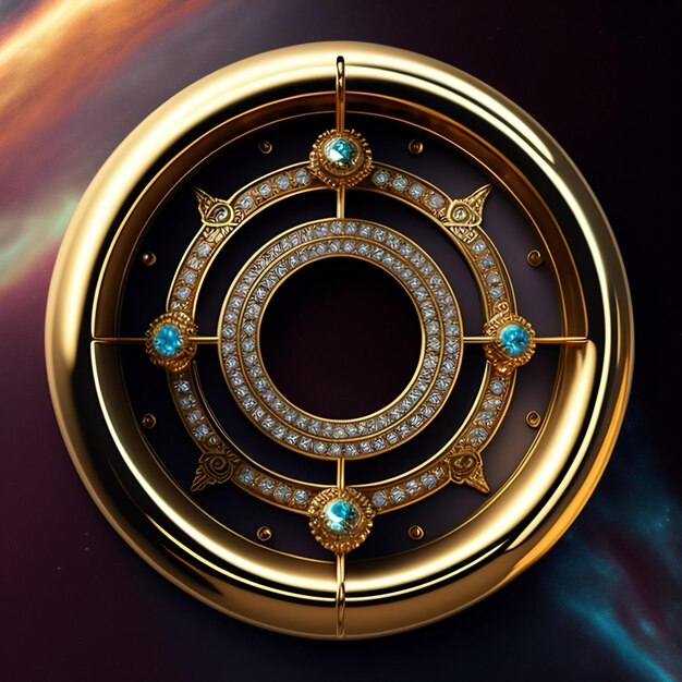 Золотое колесо с бриллиантами и голубыми камнями находится на темном фоне.