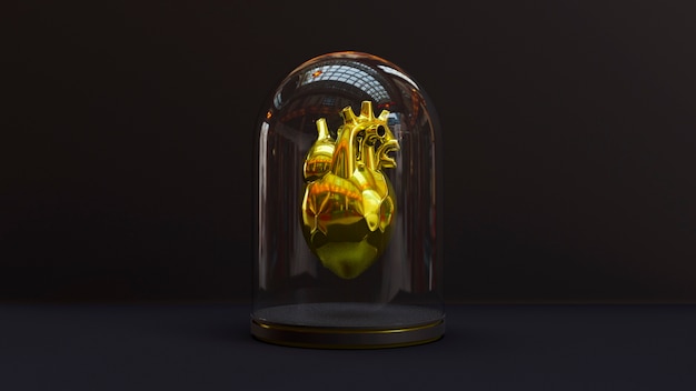 Golden anatomical heart in jar