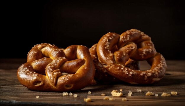 Golden baked pretzels on rustic wooden table generated by AI