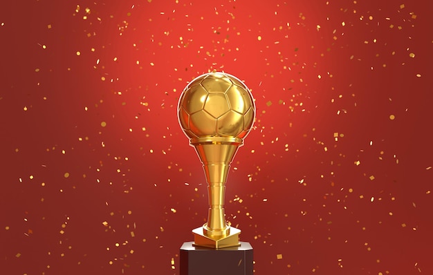 Free photo golden ball soccer trophy with falling golden confetti