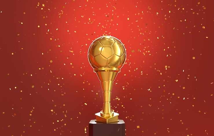 Free Photo golden ball soccer trophy with falling golden confetti