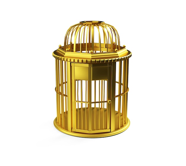 Золотая клетка для птиц, изолированные на белом фоне. 3d иллюстрация