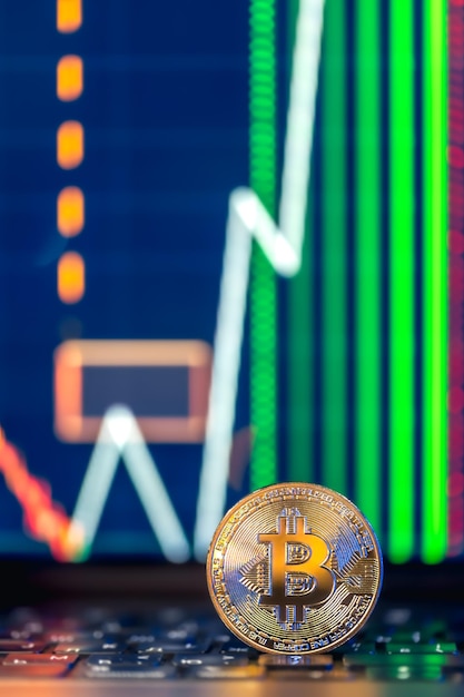 Golden Bitcoin coin on keyboard Stock market trading chart online candlestick