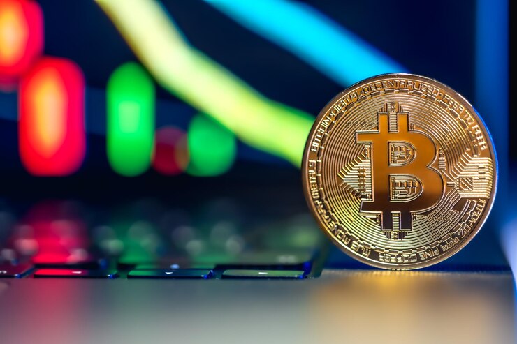 मुफ़्त फोटो golden bitcoin coin on keyboard stock market trading chart online candlestick