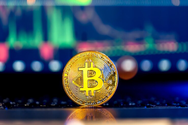 मुफ़्त फोटो golden bitcoin coin on keyboard stock market trading chart online candlestick