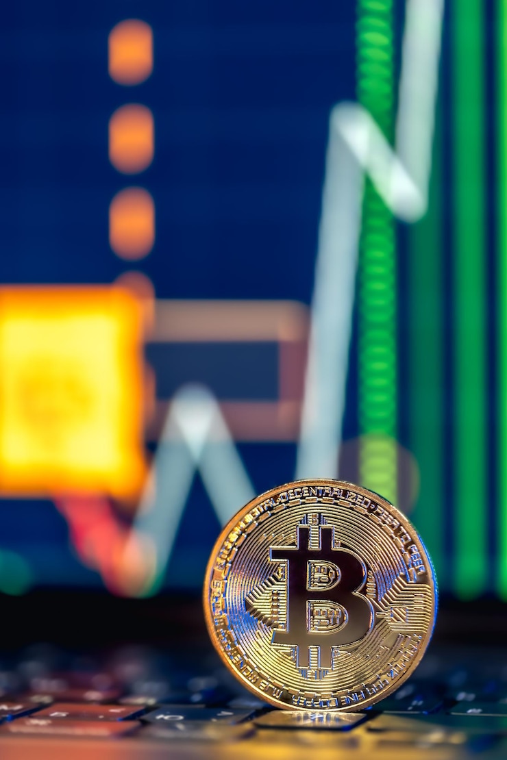 Free Photo golden bitcoin coin on keyboard stock market trading chart online candlestick