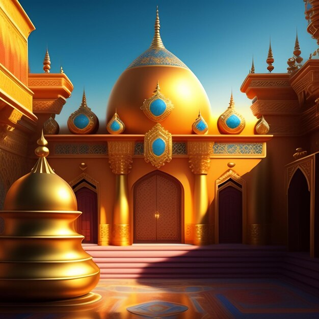 A golden building with a blue dome and a blue door.