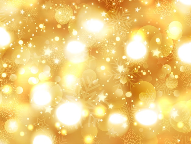 Golden Christmas background with bokeh lights and stars