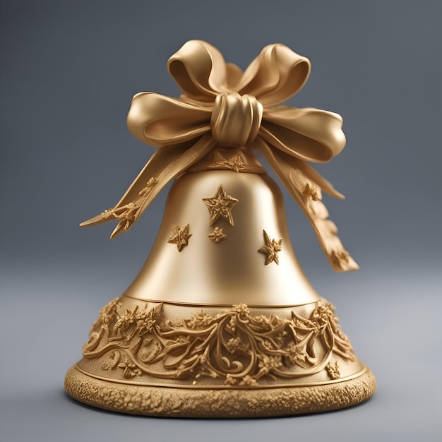 Golden christmas bell with bow on gray background 3d illustration