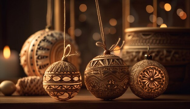 Golden Christmas decorations illuminate winter celebrations indoors generated by AI