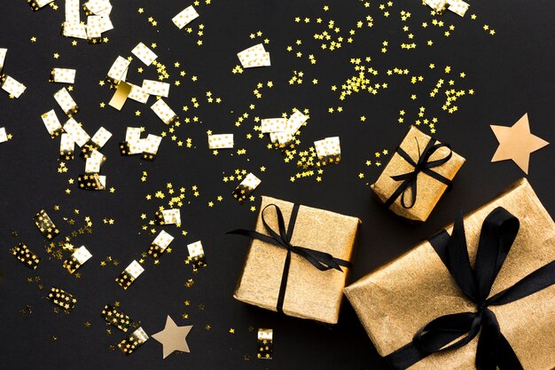 Golden decorations with gifts