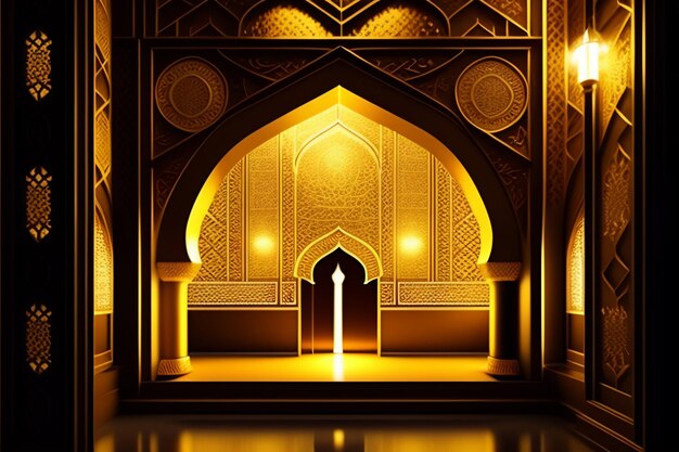 A golden door in a mosque with a large white arrow