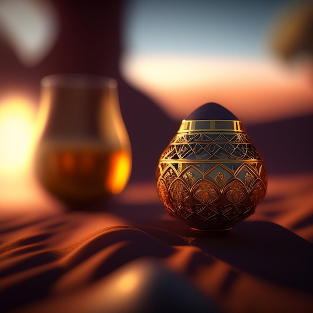 A golden egg sits on a sand dune with a glass of liquid in the background