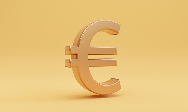 Бесплатное фото Золотой знак евро на желтом фоне для концепции обмена валюты и денежных переводов евро - основные деньги региона европейского союза с помощью 3d рендеринга