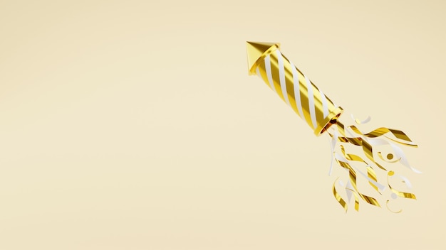 Золотой фейерверк с конфетти 3d визуализации иллюстрации. золотая и белая полосатая летающая ракета с блестками на белом фоне для празднования праздника и поздравления.