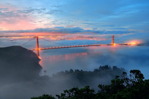Golden Gate Bridge and fog in San Francisco in early morning