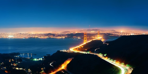 Golden Gate Bridge in San Francisco at night panorama