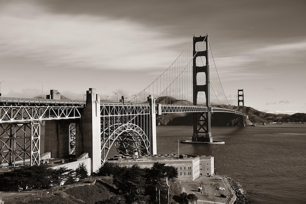 Golden Gate Bridge in San Francisco with flower in black and white.