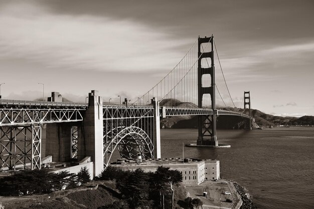 Golden Gate Bridge in San Francisco with flower in black and white.