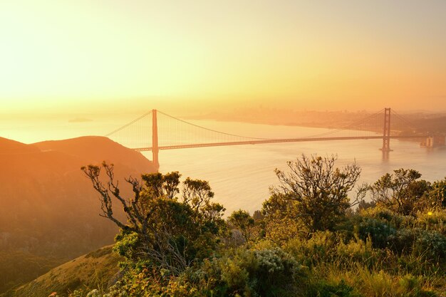Golden Gate Bridge sunrise viewed from mountain top with San Francisco downtown