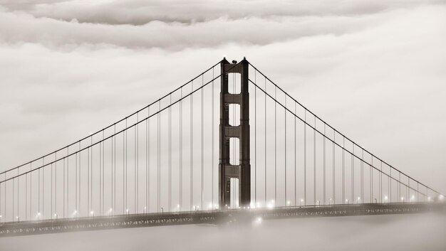 Golden Gate Bridge tower in fog closeup in San Francisco