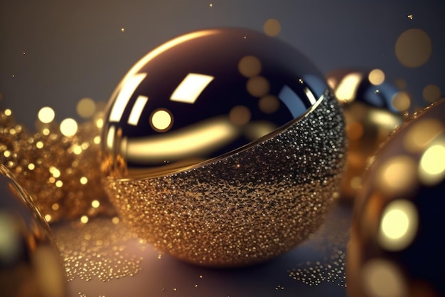 Golden glitter balls on bokeh background Gold glitter dust defocused texture Abstract sparkle
