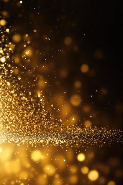 Golden glitter lights on isolated on dark background Gold glitter dust defocused texture Abstract sparkle particle bokeh