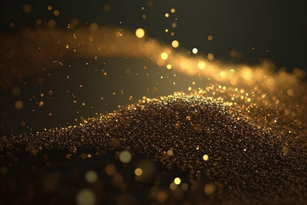 Golden glitter lights on isolated on dark background Gold glitter dust defocused texture Abstract sparkle particle bokeh