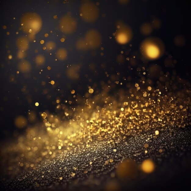 Golden glitter lights on isolated on dark background Gold glitter dust defocused texture Abstract sparkle particle bokeh