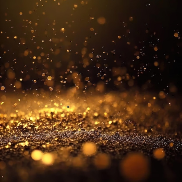 Golden glitter lights on isolated on dark background Gold glitter dust defocused texture Abstract sparkle particle bokeh