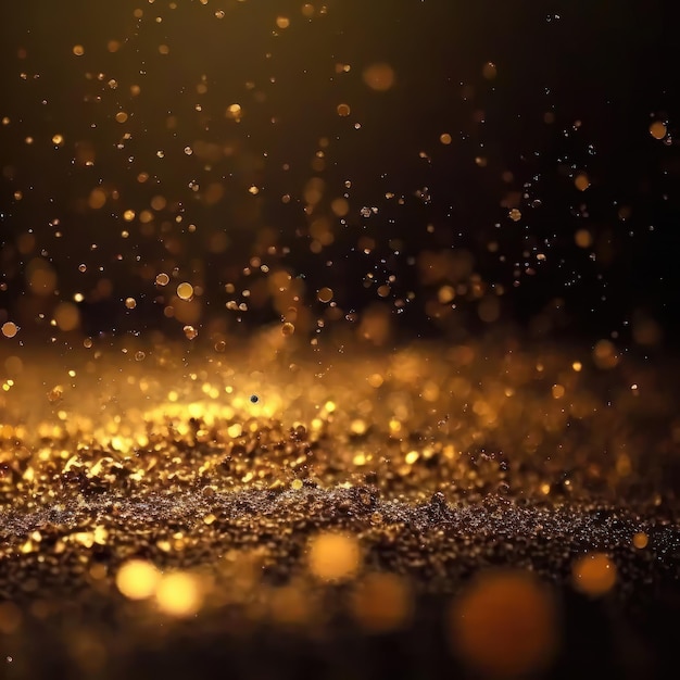 暗い背景に分離された金色のキラキラ ライト ゴールド キラキラ ダスト デフォーカス テクスチャ 抽象的な輝き粒子ボケ