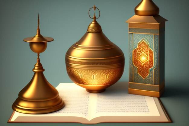 A golden islamic islamic design is on a book.