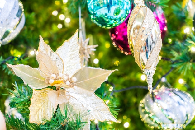 Golden leaves set on a christmas tree