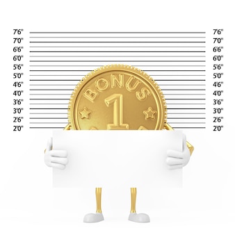 경찰 라인업 또는 mugshot 배경 극단적인 근접 촬영 앞에 식별 플레이트가 있는 golden loyalty program 보너스 동전 사람 캐릭터 마스코트. 3d 렌더링