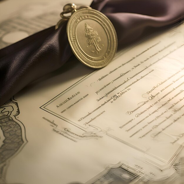 Golden medal on the background of a scroll with a certificate of achievement
