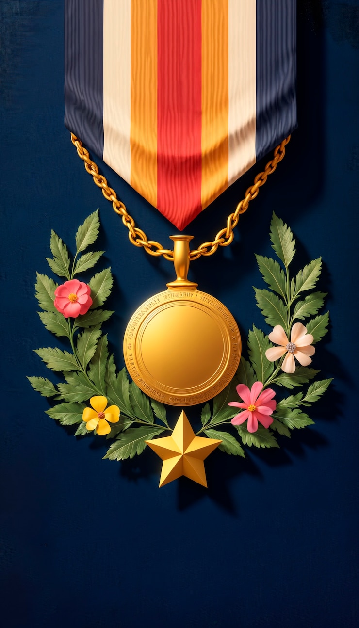 Free Photo golden medal with ribbon, star, flowers, and leaves on blue background