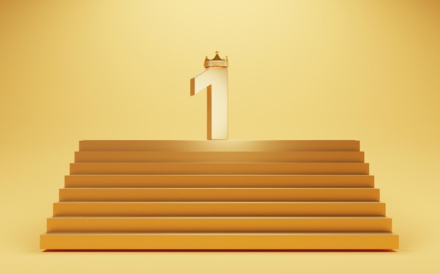 3d 렌더에 의해 챔피언 또는 노란색 배경의 승자를 위해 바닥 상단에 금색 왕관이 있는 황금 번호 1