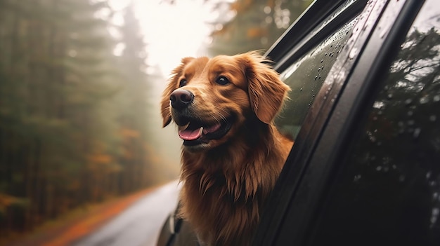 A golden retriever dog peers out from the top of the van
