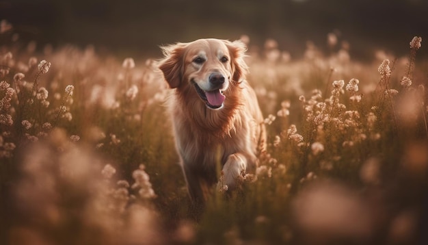 Foto gratuita cucciolo di golden retriever che gioca nel prato soleggiato generato dall'intelligenza artificiale