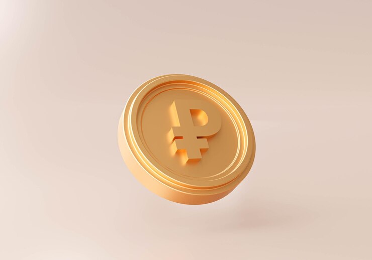 무료 Photo 황금 러시아 루블 동전 통화 돈 기호 또는 기호 배경 3d 그림