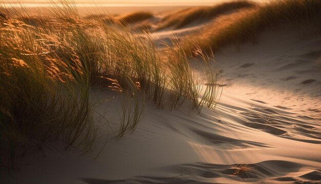 Golden sand dune ripples in tranquil sunset generated by AI