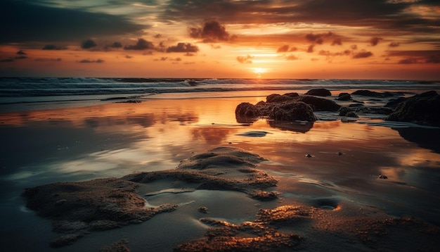 Il cielo dorato riflette la tranquilla bellezza della natura del paesaggio marino in una lunga esposizione generata dall'intelligenza artificiale