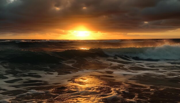 Free photo golden sun sets over tranquil blue waves generated by ai