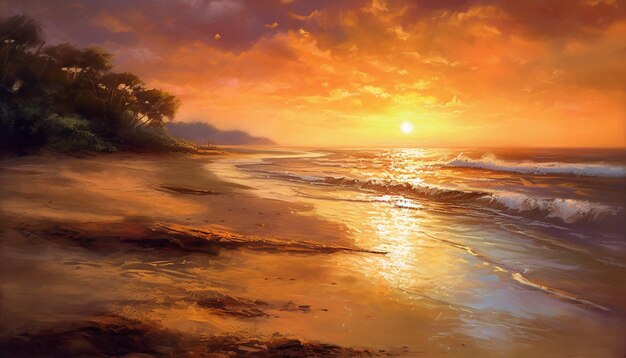 Golden sun sets over tranquil tropical seascape generated by AI