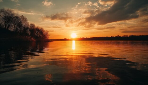 AI によって生成された静かな水辺の風景に金色の夕日が沈む